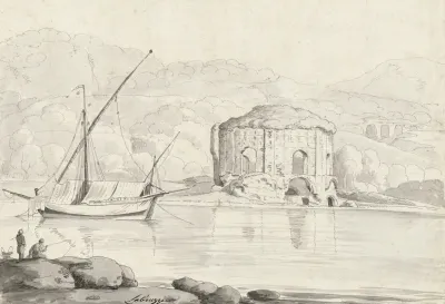 The So Called Temple Of Venus At Baiae With A Boat And Two Fishermen In The Foreground