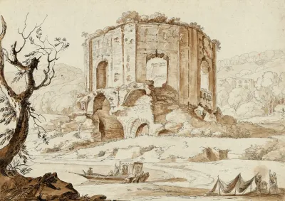 The So Called Temple Of Venus At Baiae With Tourists Preparing To Disembark And Fishermen Mending Nets