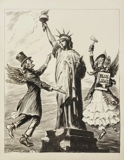 The Statue Of Liberty Is Attacked By A Man Representing Prohibition And A Woman Representing Blue Laws