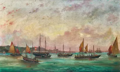 The Tall Masted Steamer Union Under The Austro Hungarian Merchant Flag Amidst Numerous Fishing Boats Off Piran Slovenia
