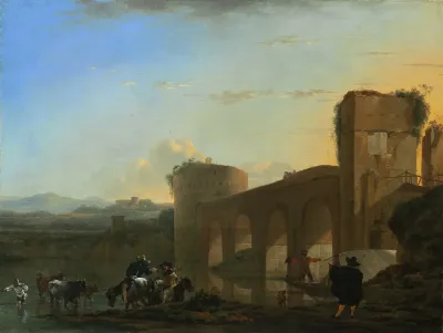 The Tiber River With The Ponte Molle At Sunset