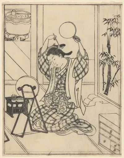 The Toilet Arranging Hair Woman With Mirror