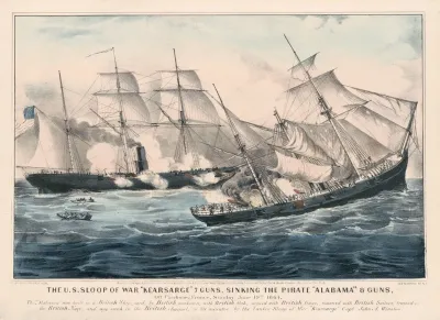 The U S Sloop Of War Kearsarge 7 Guns Sinking The Pirate Alabama 8 Guns Off Cherbourg France Sunday June 19th 1864