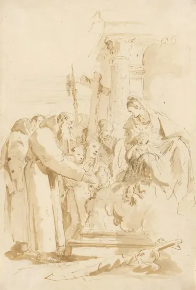 The Virgin And Child Adored By Monks And Others