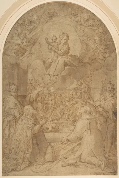 The Virgin And Child Appearing To Saint Peter Saint Damasus Saint Lawrence And Saint Paul The Martyrdom Of Saint Lawrence In The Background