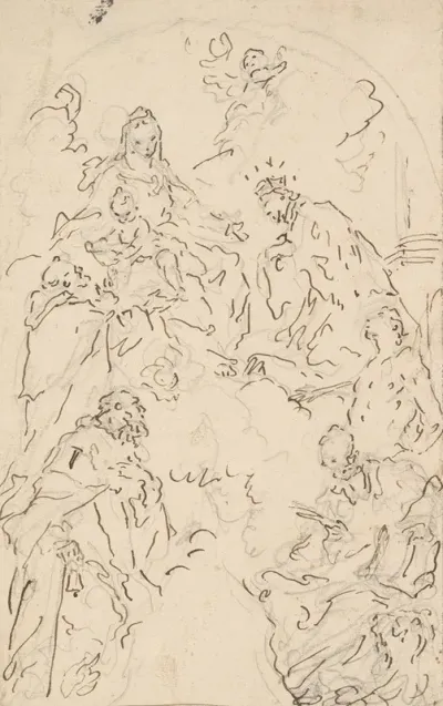 The Virgin And Child Enthroned On A Cloud With Saints Dominic John Nepomuk Sebastian Mark And Anthony Abbot