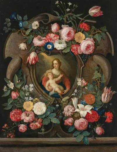 The Virgin And Child In A Sculpted Cartouche Surrounded By Garlands Of Flowers
