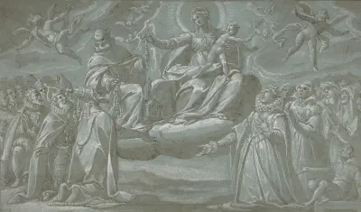 The Virgin And Child Saint Dominic And Angels Distributing Chaplets To The Faithful