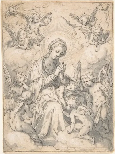 The Virgin And Child Surrounded By Little Angels In The Clouds