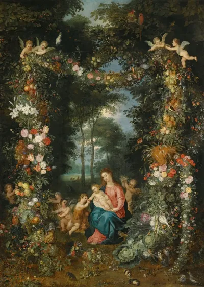 The Virgin And Child With The Infant St John The Baptist Surrounded By Garlands And Swags Of Fruit And Flowers