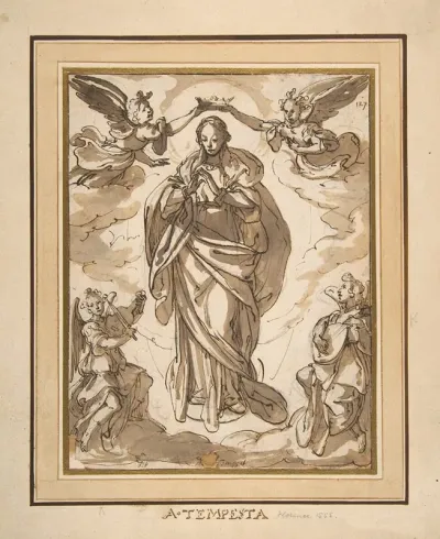 The Virgin Immaculate Crowned By Two Angels With Angel Musicians In The Foreground