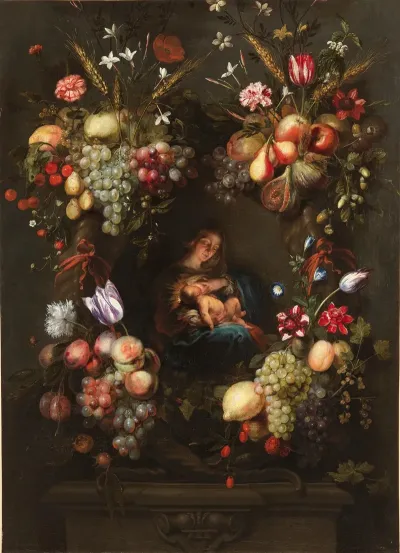 The Virgin Mary And The Child Jesus In A Wreath Of Flowers And Fruits