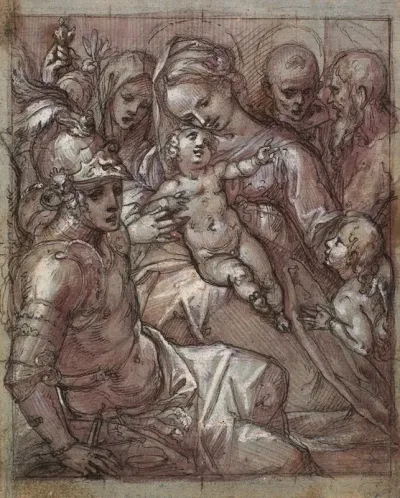 The Virgin Mary And The Child Jesus With John The Baptist As A Boy Bernardino Of Siena Kathrine Of Siena The Archangel Michael And A Bearded Saint