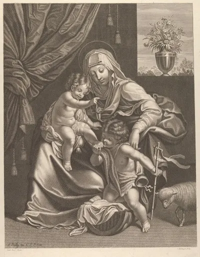 The Virgin Seated With The Infant Christ On Her Lap The Young Saint John The Baptist Kneeling On Christs Cradle And Kissing His Foot