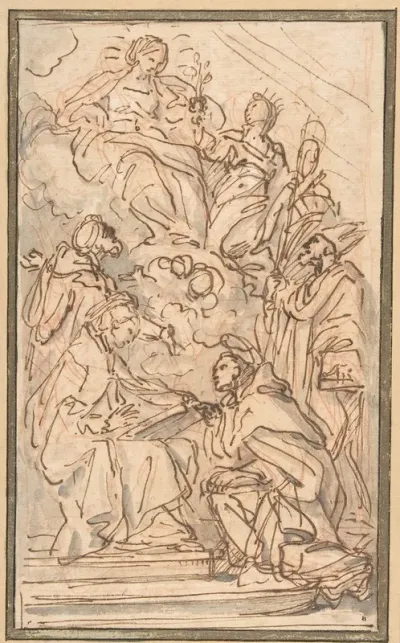 The Virgin With Female Attendant Appearing To Four Male Saints