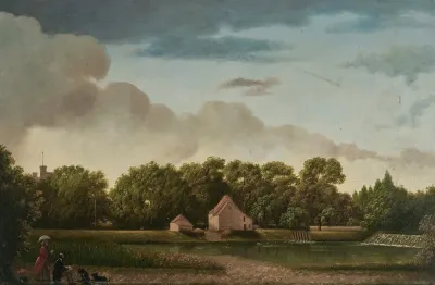 The Weir At Canford Manor With A Gentleman Sketching Observed By A Lady And Two Dogs