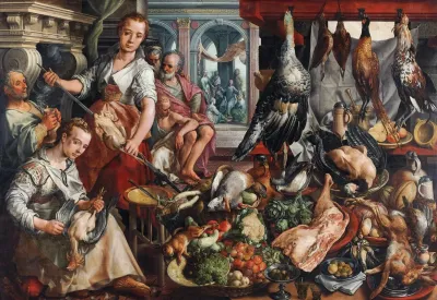 The Well Stocked Kitchen With Jesus In The House Of Martha And Mary In The Background