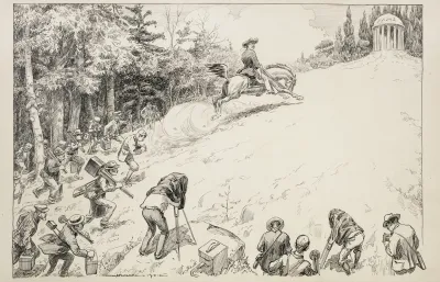 Theodore Roosevelt Charges Up A Hill Towards A Building Representing Fame With A Group Of Photographers Following Him Instead Of An Army
