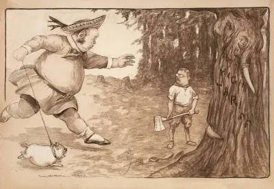 Theodore Roosevelt Chops Down A Tree Representing High Tariffs With An Ax Representing Tariff Reform