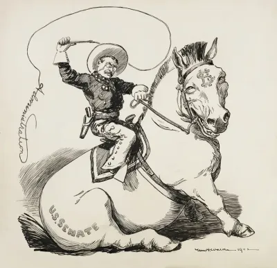 Theodore Roosevelt Depicted As A Cowboy Tries To Ride A Horse Representing The Senate But It Sits Down
