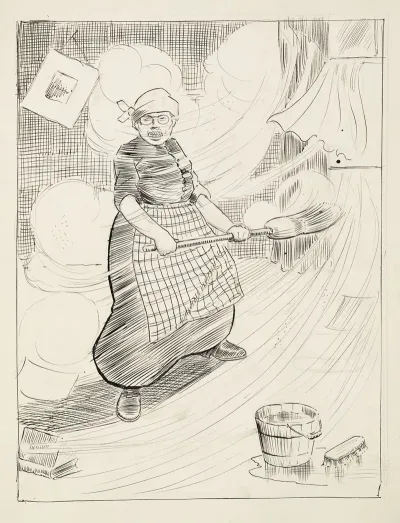 Theodore Roosevelt Depicted As An Older Woman Tries To Sweep As A Big Gust Of Wind Comes In Through The Window