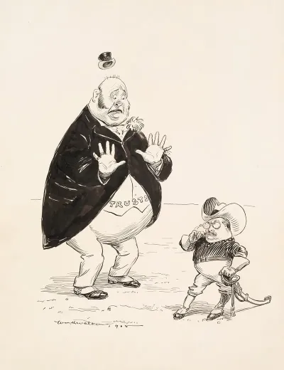 Theodore Roosevelt Dressed As A Cowboy And Carrying A Sword Threatens A Much Larger Scared Man Representing The Trusts
