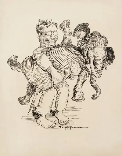 Theodore Roosevelt Holding The Republican Party Elephant Both Are Laughing