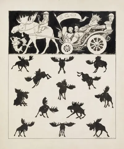 Theodore Roosevelt Riding A Bull Moose That Pulls A Carriage