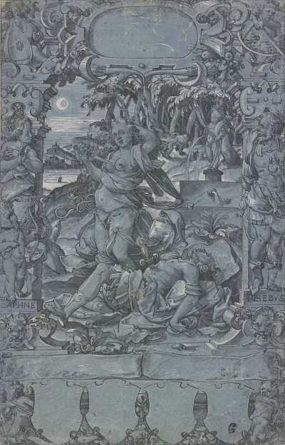 Thisbe An Der Leiche Des Pyramus In Der Rahmung Links Daphne Mit Dem Amorknaben Rechts Apollo Vom Pfeile Amors Getroffen Oben Und Unten Putten