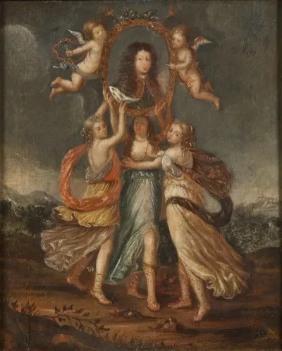 Three Allegorical Figures Bearing The Portrait Of Karl Xi Of Sweden