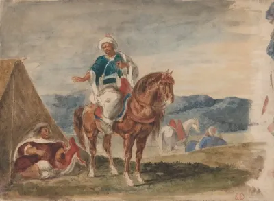 Three Arab Horsemen At An Encampment