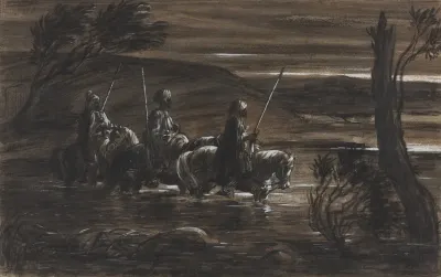 Three Arab Horsemen Crossing A River