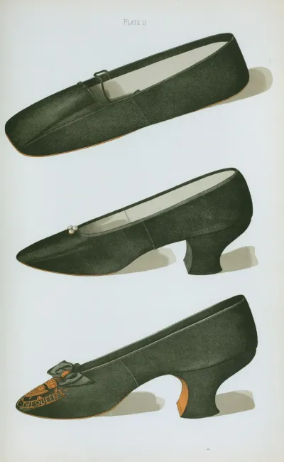 Three Black Satin Shoes The Third Is The Jubliee Shoe Embroidered With The Royal Crown And Initials V R With Motto God Save The Queen