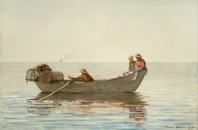 Three Boys In A Dory With Lobster Pots
