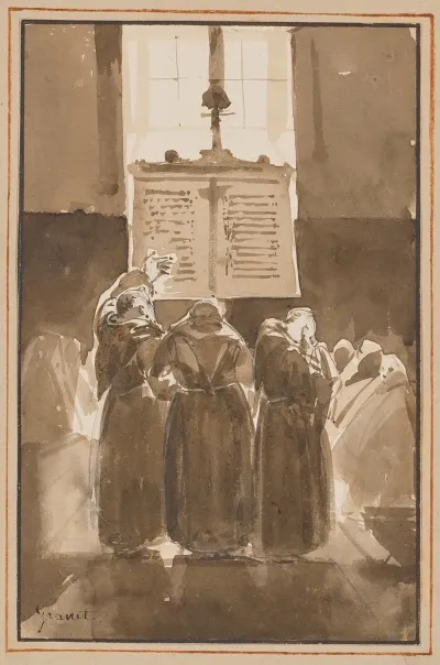 Three Capuchin Friars In A Church Before A Congregation