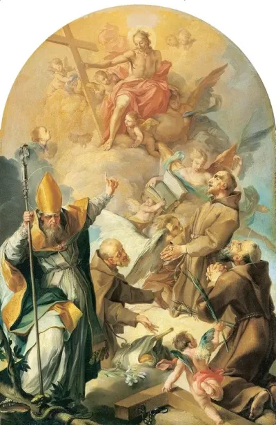 Three Capuchin Saints And A Bishop Worshipping Christ And The Cross