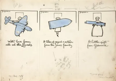Three Cartoon Figures Of Women Carrying An Aeroplane A Shell And A Machine Gun