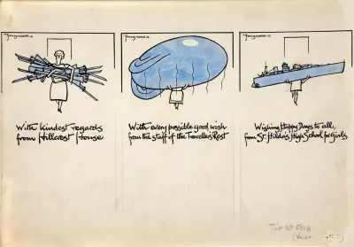 Three Cartoon Figures Of Women Carrying Rifles A Balloon And A Warship