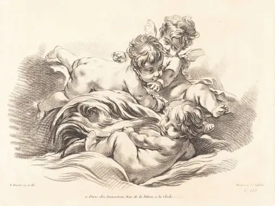 Three Cherubs Playing On Dolphin Like Wave