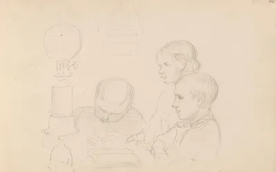 Three Children By A Kerosene Lamp