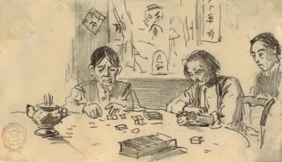 Three Chinese Men Playing Dominoes In A Baxter Street Club House New York City
