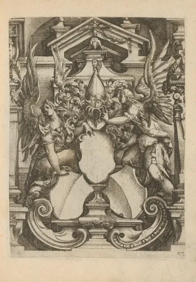 Three Coats Of Arms Between Two Angels