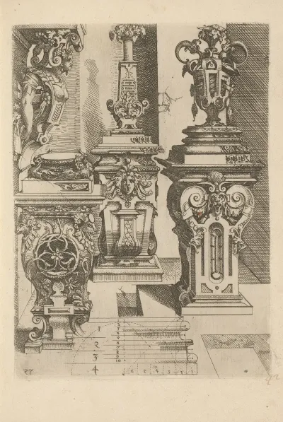 Three Composite Pedestals Decorated With Ram Heads Mascarons And Volutes