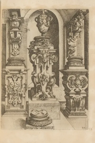 Three Corinthian Pedestals Decorated With Scrollwork And Mascarons A Corinthian Base And Two Corinthian Consoles