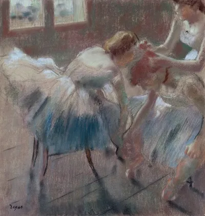 Three Dancers Preparing For Class