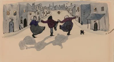 Three Dancing Figures In A Nocturnal Village