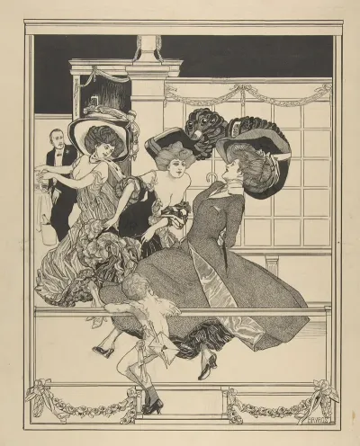Three Dancing Women In A Restaurant Watched By Cupid