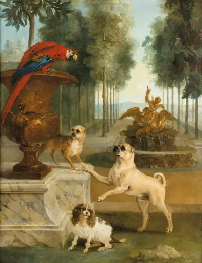 Three Dogs And A Macaw In A Park