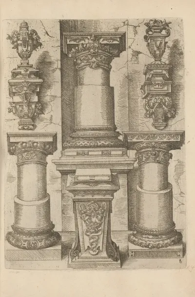 Three Doric Capitals And Bases One Doric Pedestal And Two Doric Consoles And Capitals