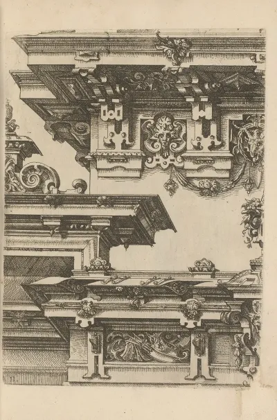 Three Doric Cornices Decorated With Scrollwork Mascarons And Garlands